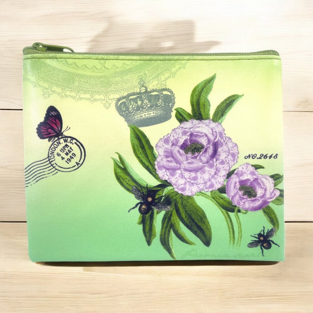 Lavishy Flower Art - PAR Avion peony and Honey Bee Art Flat Makeup Pouch